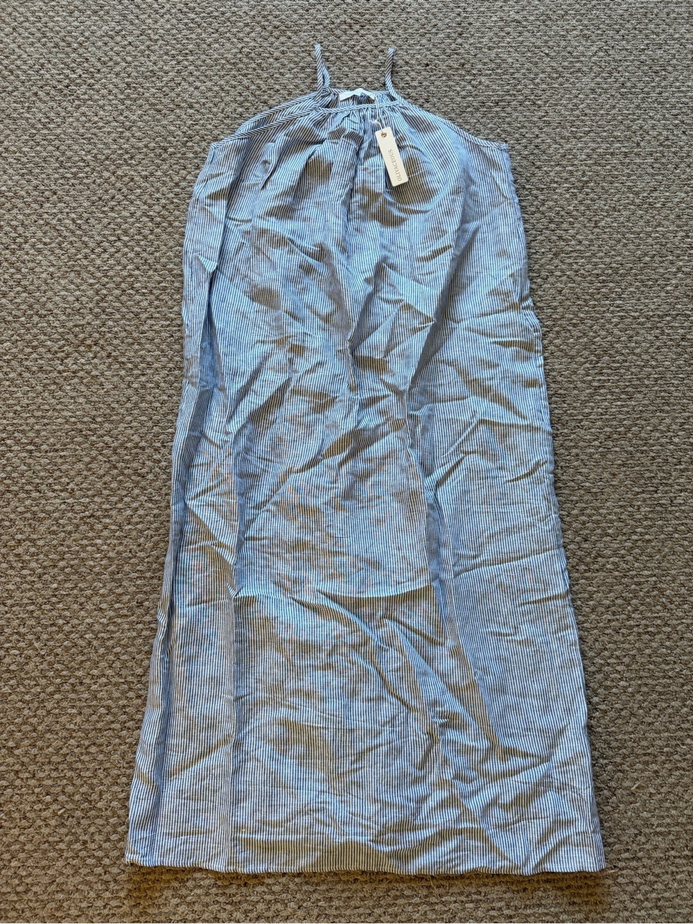 Olivaceous Light Blue and White Striped Women's Maxi Linen Dress